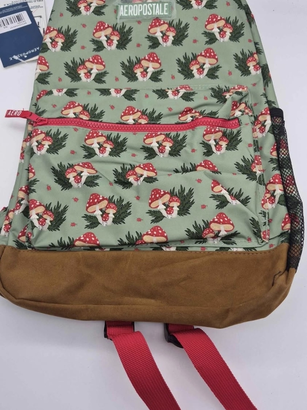 Aeropostale Mint Green Mushroom Print Backpack with Brown Suede Base